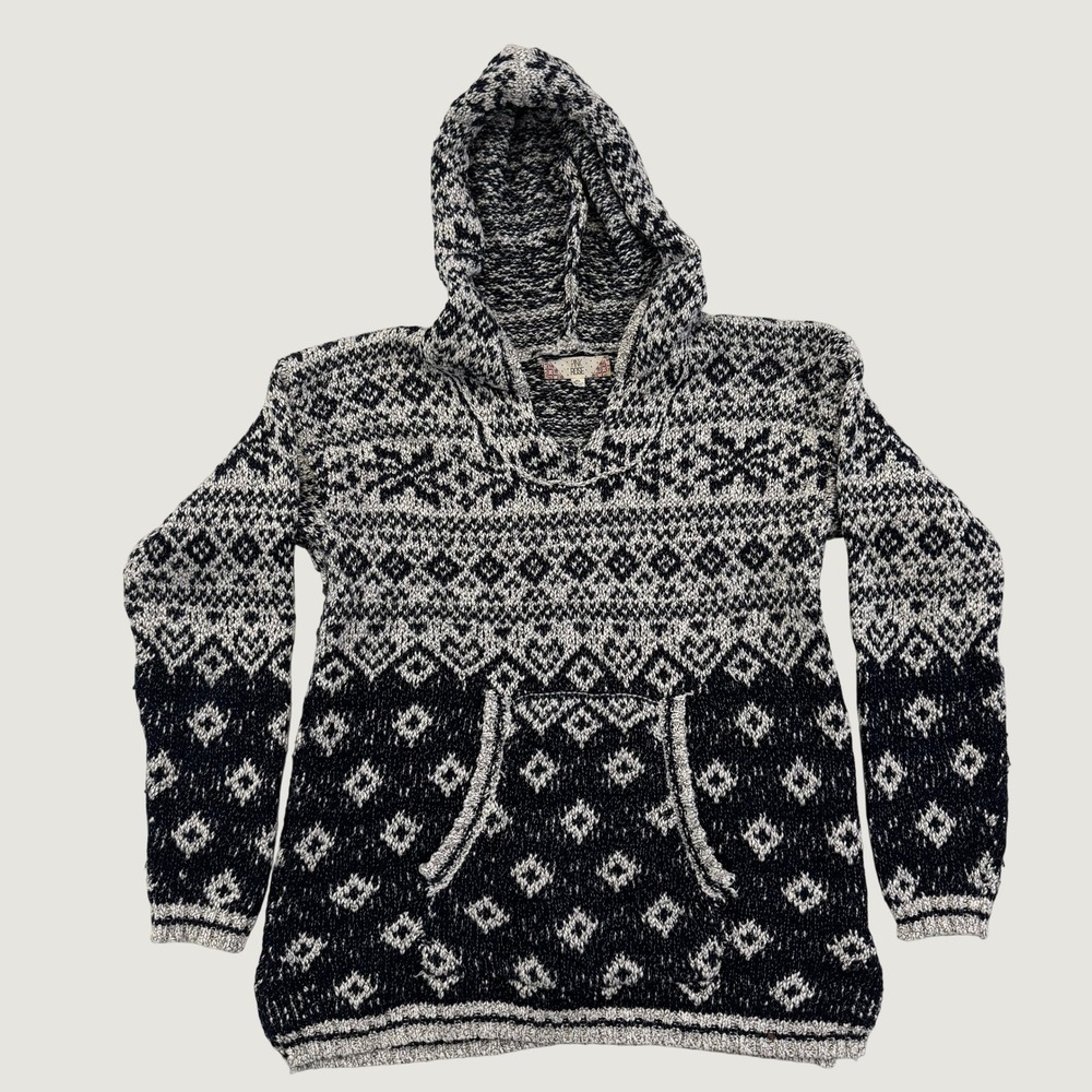 Pink Rose Women's XL Black White Fair Isle Knit Hooded Sweater Pullover